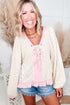Floral Lace Up V Neck Long Sleeve Blouse