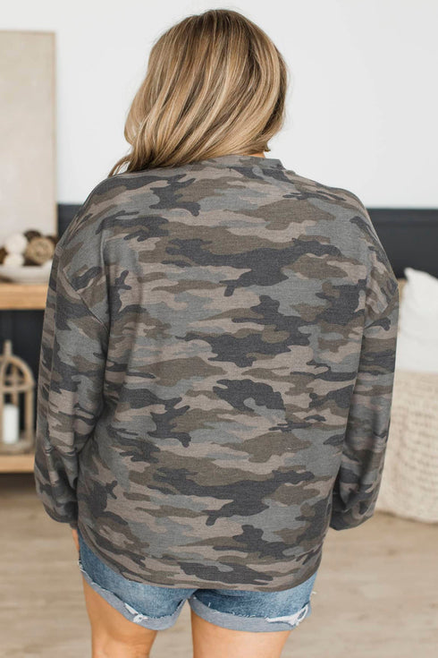 Polyester Elastane Camo Print Long Sleeve Top