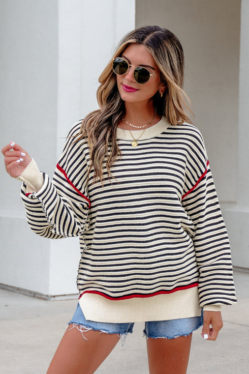 Striped Ribbed Trim Drop Shoulder Oversized Sweater