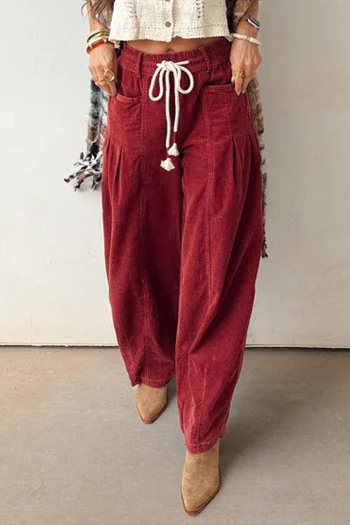 Polyester Racing Elastic Waist Drawstring Corduroy Pants