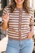 Striped Button Down Short Sleeve Knit Cardigan