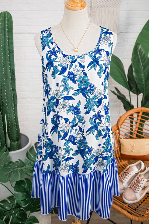 Sleeveless U Neck Striped Patchwork Ruffle Hem Floral Dress