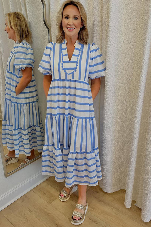 Southern Belle Striped Ricrac Trim Puff Sleeve Midi Dress