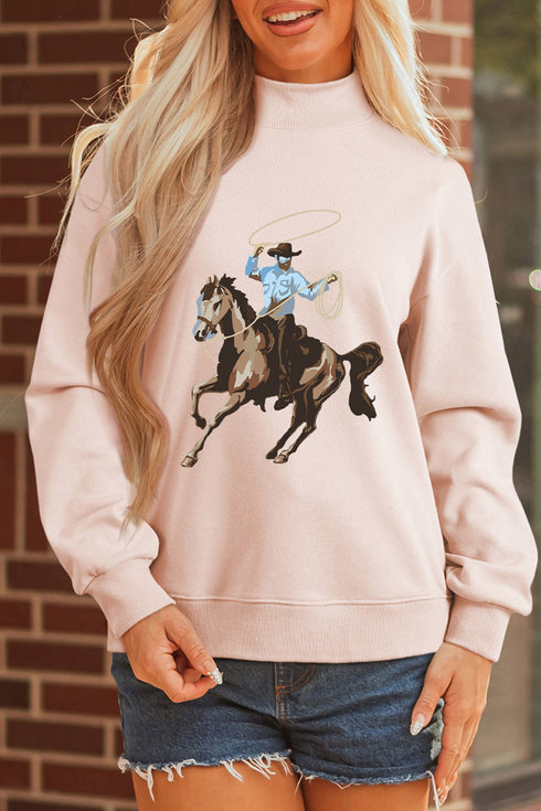 Cowboy Rodeo Print Western Mock Neck Sweatshirt