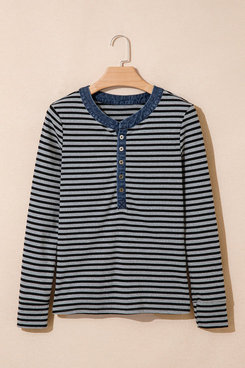 Striped Ribbed Denim Collar Half Button Long Sleeve Top