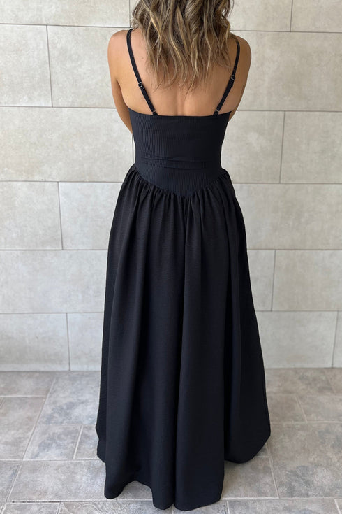 Ribbed Patchwork Drop Waist Spaghetti Strap Maxi Dress