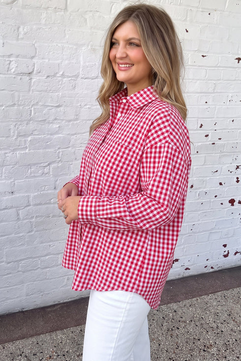 Plaid V Neck Long Sleeve Tunic Loose Fit Blouse