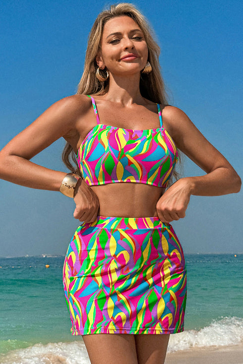Abstract Pattern Square Neck Skirted Two Piece Swimsuit