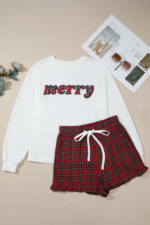 Plaid Slogan Embroidery Pocket Long Sleeve Lounge Set