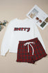 Plaid Slogan Embroidery Pocket Long Sleeve Lounge Set