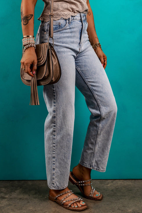 Casual Acid Wash Straight Leg Denim Jeans
