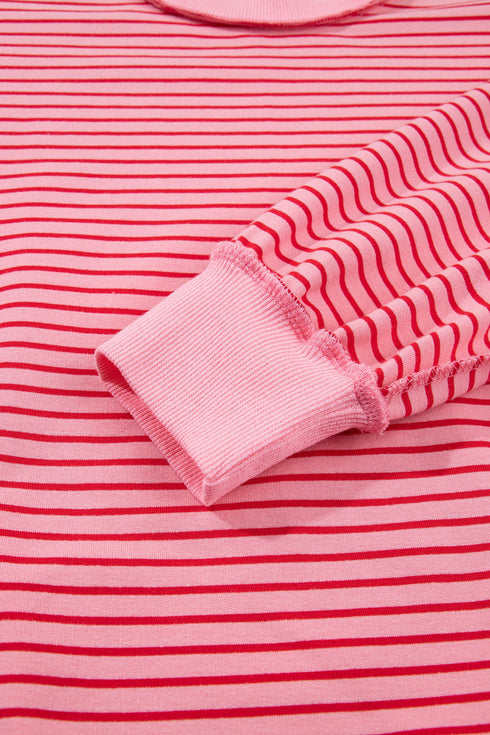 Striped Ribbed Patchwork Mock Neck Baggy Pullover Short Set