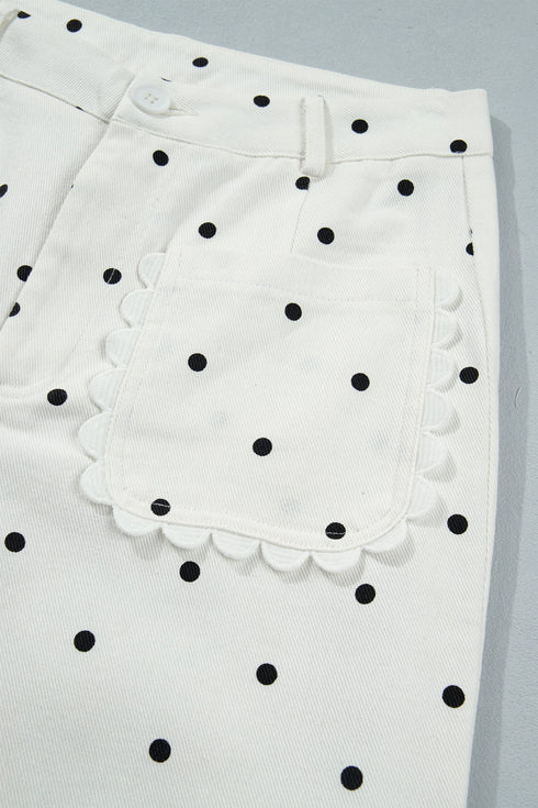 Polka Dot Print Scalloped Patch Pocket Cotton Shift Pants