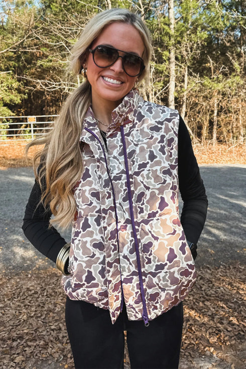 Camouflage Puffer Stand Neck Zip Up Sleeveless Vest