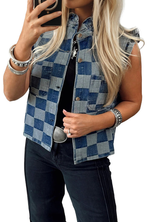 Western Checkered Ruffle Trim Button Down Denim Vest