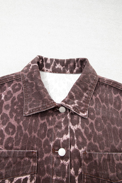 Leopard Print Oversized Patch Pocket Long Sleeve Denim Jacket
