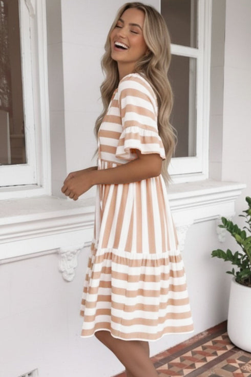 Striped Ruffle Trim Tie Front Short Sleeve Mini Dress