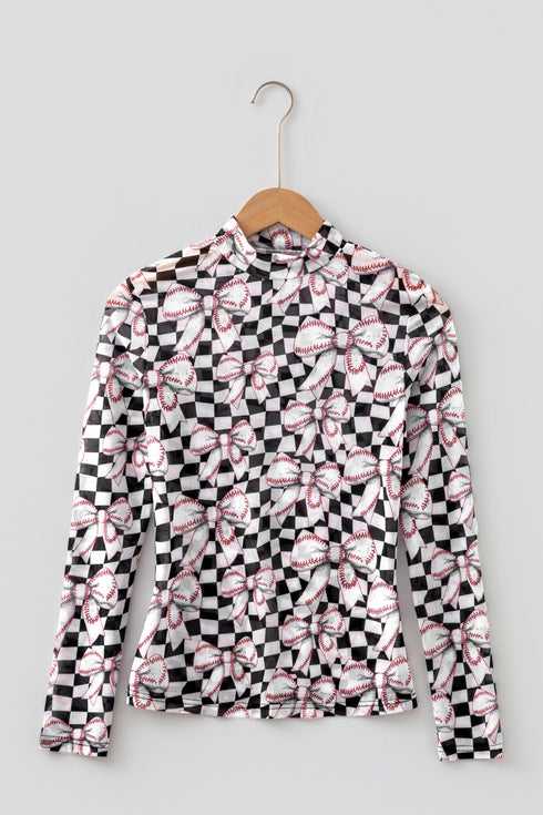Checkered Baseball Bow Print High Neck Long Sleeve Mesh Top