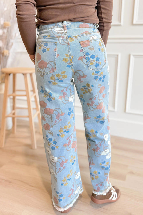 All Over Floral Print Raw Hem Wide Leg Jeans