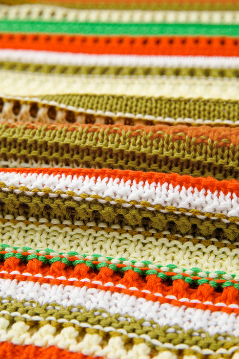 Striped Crochet Knit Collared Sleeveless Shift Dress