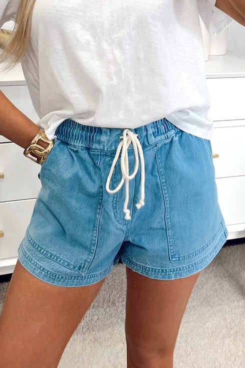 Easy Comfort Contrast Drawstring Elastic Waist Pull On Denim Shorts