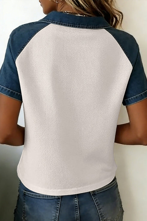 Easy Textured Denim Patchwork Polo Collar Tee