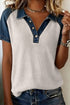 Easy Textured Denim Patchwork Polo Collar Tee