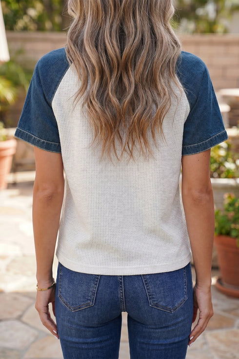 Easy Textured Denim Patchwork Polo Collar Tee