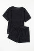 Solid Textured Frill Short Sleeve Drawstring Short Set