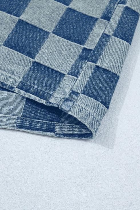 Western Checkered Ruffle Trim Button Down Denim Vest