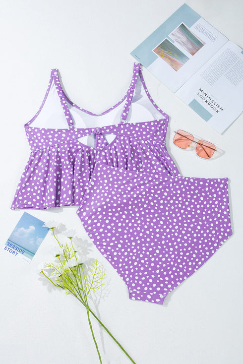 Polka Dot Ruffled Knotted V Neck Tankini Swimwear