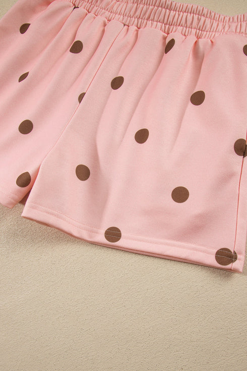 Polka Dot Ribbed Trim Long Sleeve Short Set