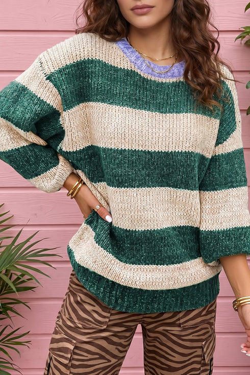 Polyester Striped Pattern Drop Shoulder Pullover Sweater