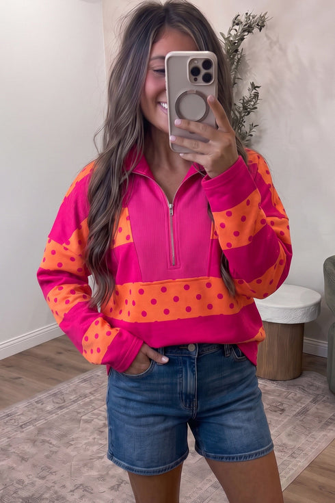 Stripe Patchwork Polka Dot Quarter Zip Long Sleeve Top