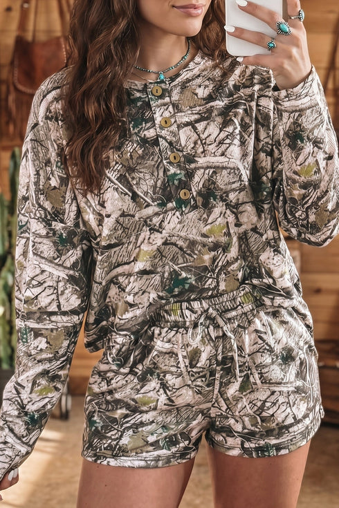 Abstract Camo Print Long Sleeve Elastic Waist Short Sets
