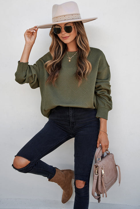 Textured Round Neck Drop Shoulder Pullover Sweatshirt