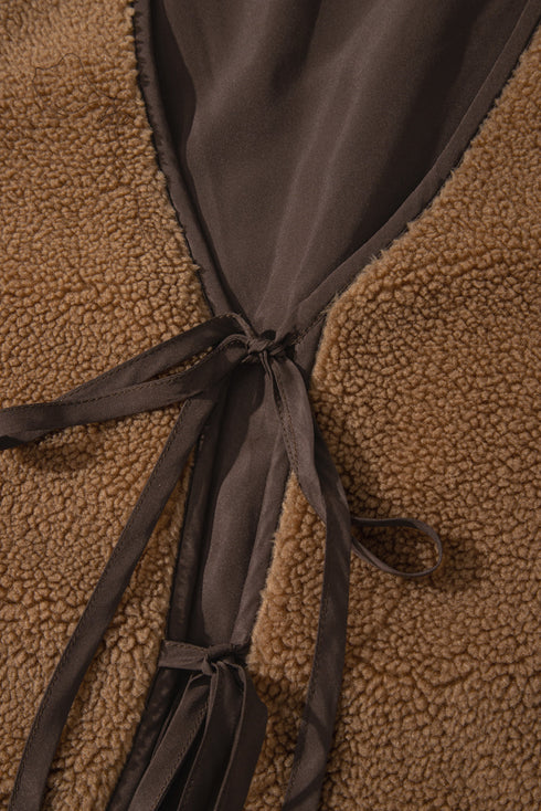 Western Contrast Trim Tie Front Textured Sherpa Vest