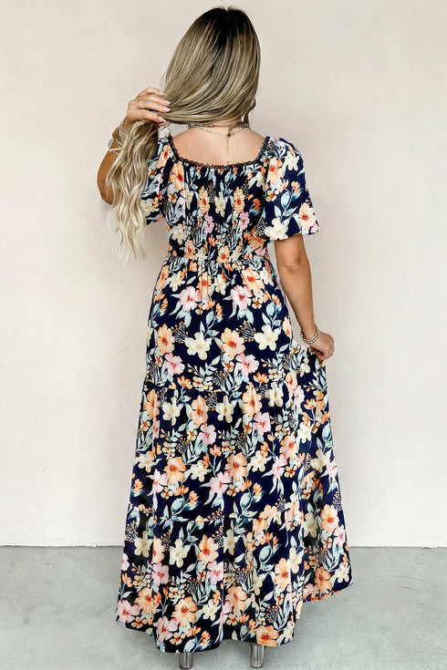 Bohemian Smocked Short Sleeve High Waist Maxi Floral Dress