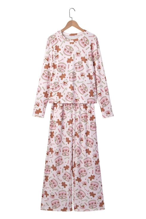 Ribbed Abstract Print Long Sleeve Two Piece Lounge Set