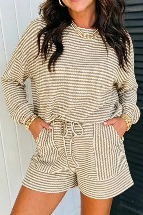 Striped Textured Knit Long Sleeve Top Elastic Waist Shorts Outfit Short Set