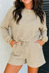 Striped Textured Knit Long Sleeve Top Elastic Waist Shorts Outfit Short Set