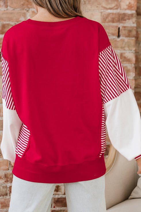 Sequin Rugby Bow Print Striped Sleeve Patchwork Graphic Sweatshirt