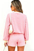 Striped Long Sleeve Crew Neck Drawstring Waist Short Set