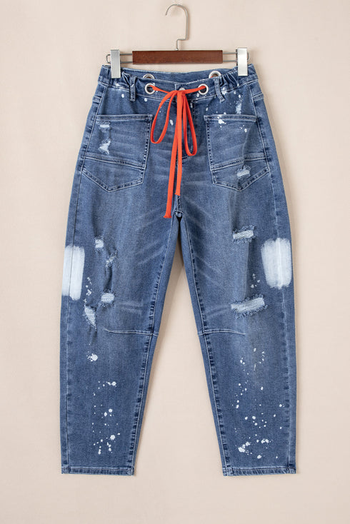 Distressed Splatter Paint Rope Waist Cropped Straight Leg Jeans