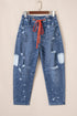Distressed Splatter Paint Rope Waist Cropped Straight Leg Jeans