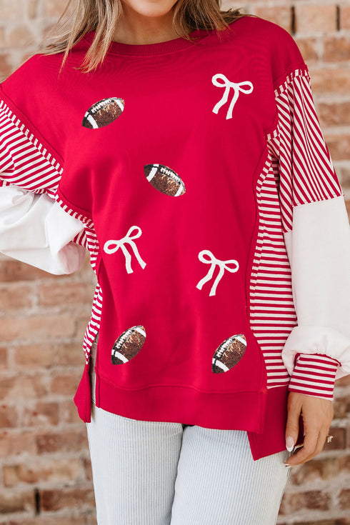 Sequin Rugby Bow Print Striped Sleeve Patchwork Graphic Sweatshirt