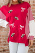 Sequin Rugby Bow Striped Sleeve Patchwork Graphic Sweatshirt