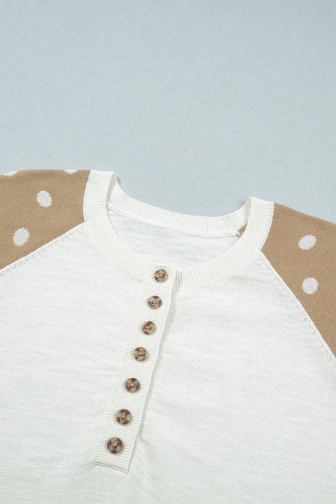 Polka Dot Button V Neck Long Sleeve Sweater