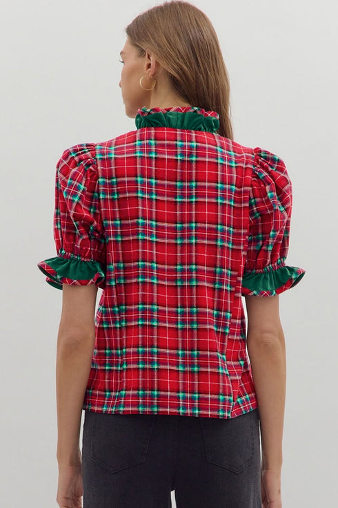 Plaid V Neck Ruffle Trim Short Sleeve Blouse