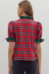Plaid V Neck Ruffle Trim Short Sleeve Blouse
